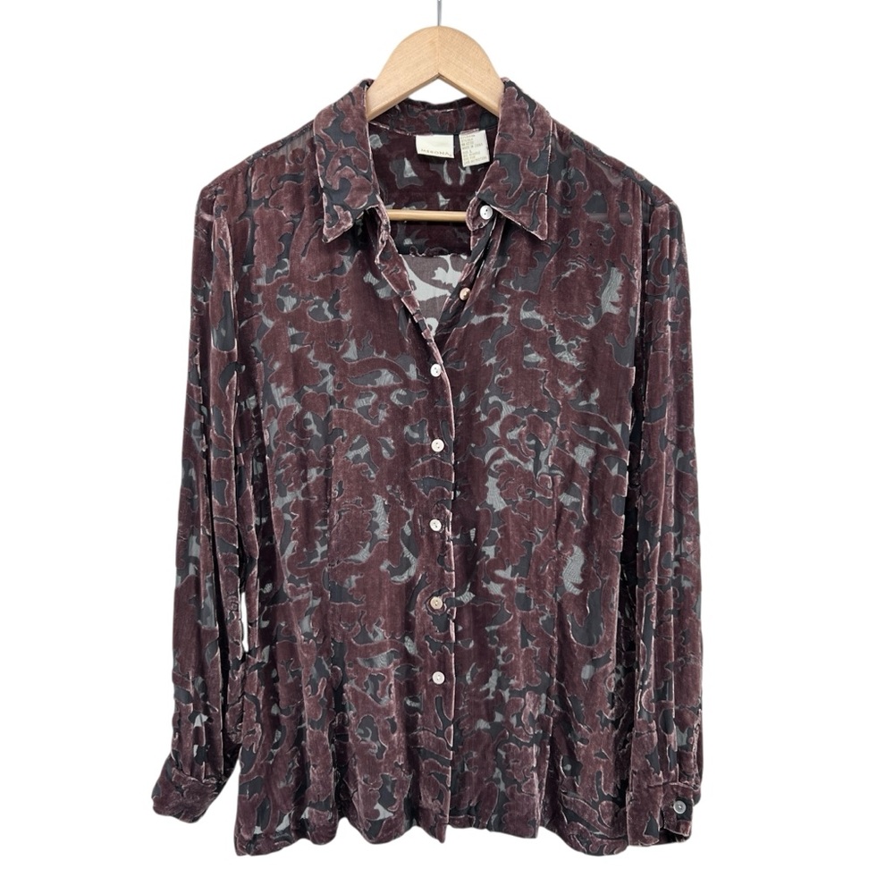 Merona Silk Blend Velvet Burnout Button Down Blouse Sz L Floral Sheer Plum Brown